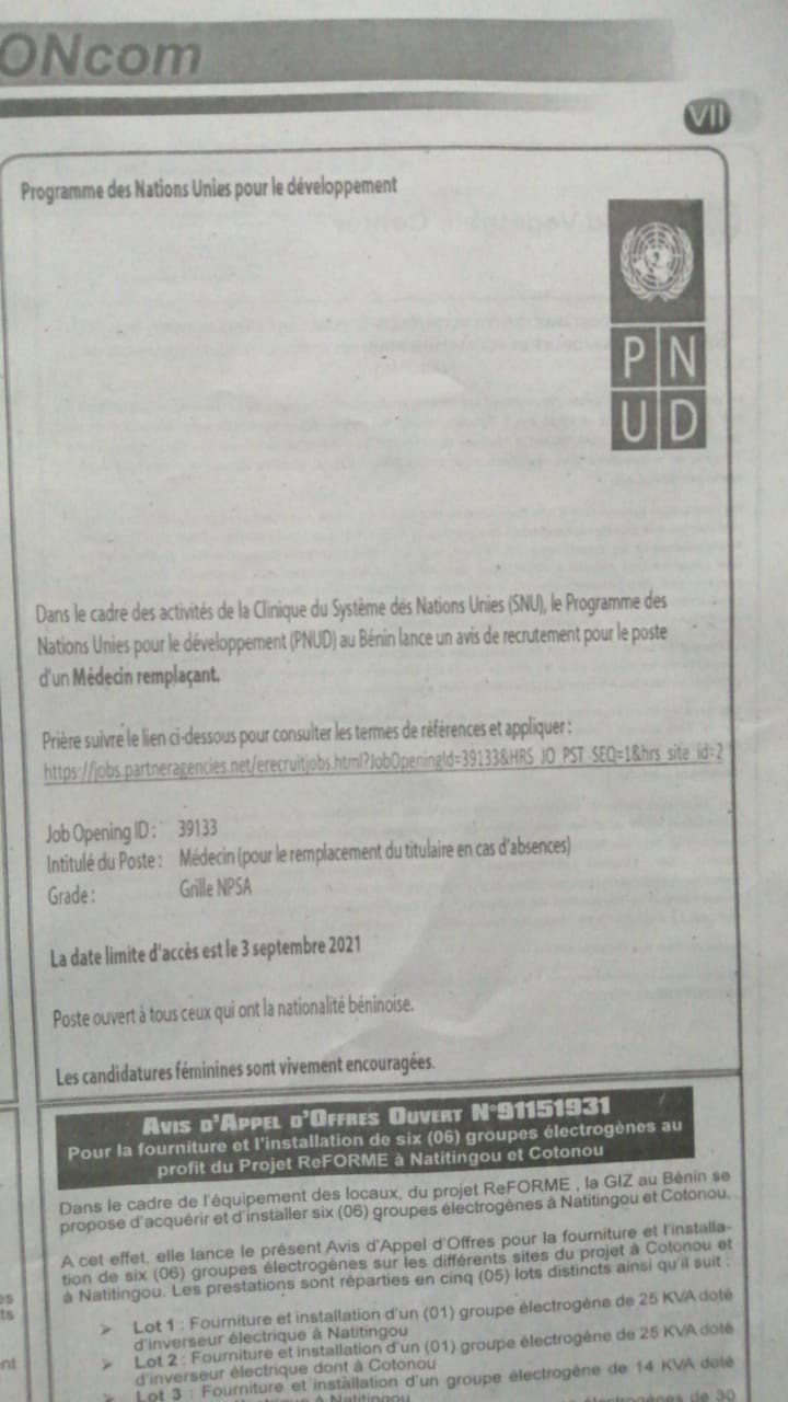 PNUD recrutement dun medecin remplacant pour SNU