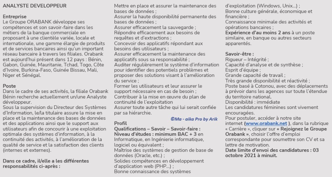 Le Groupe ORABANK analyste developpeur