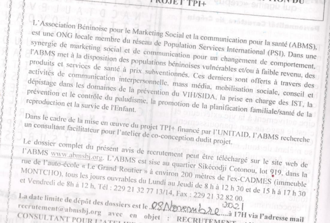 ABMS pour son propre compte lance le recrutement dun consultant Facilitateur pour latelier de co conception dudit projet